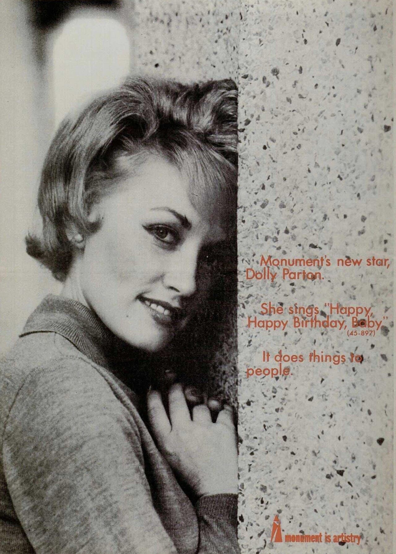 1965 Monument Records advertisement for Dolly Parton's single Happy, Happy Birthday Baby